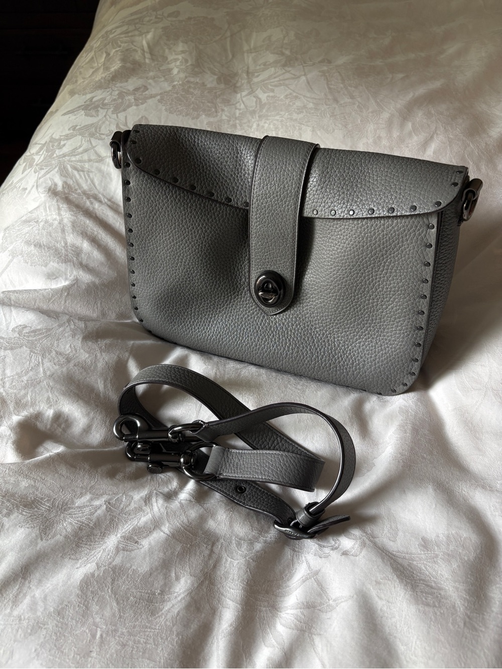 Coach Grey Pebbled Leather Crossbody with Stud Trim